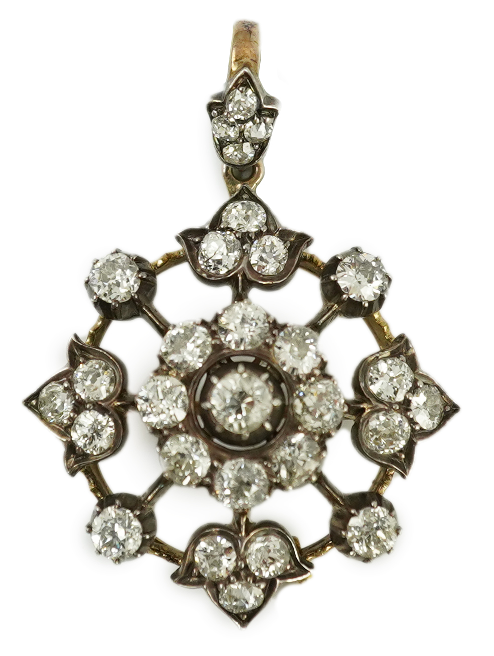 A late Victorian gold, silver and diamond cluster circular pendant brooch